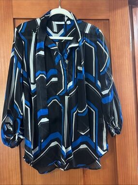 New York & Company Blue, Black and White Geometric Tie-Neck Blouse